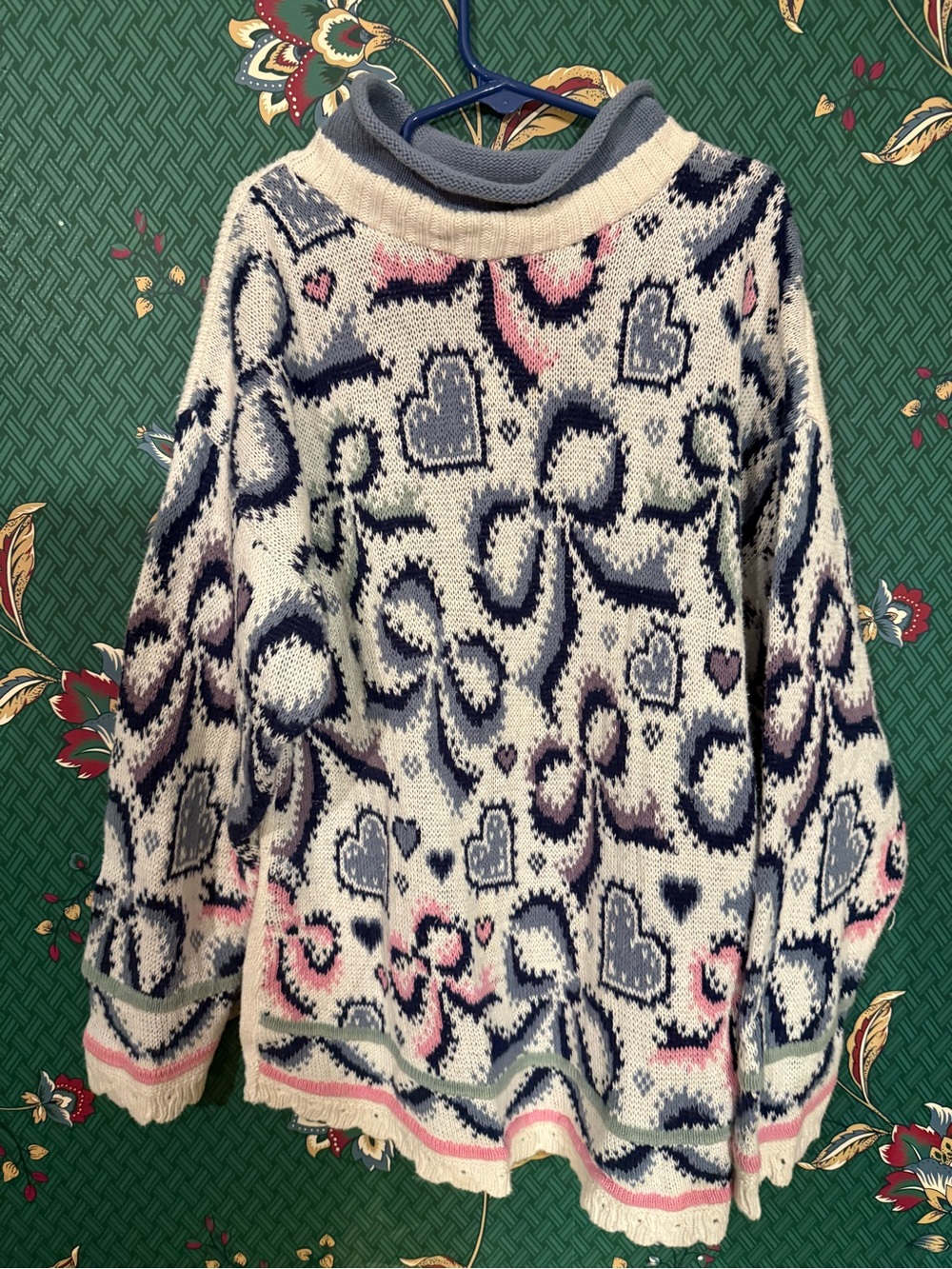 Girls' Cream Knit Sweater with Navy and Pink Heart & Bow Pattern